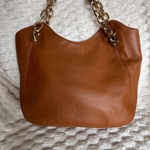 Michael Kors Brown Leather Large Hobo Shoulder Bag Gold Hardware Snap